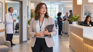 Practice manager standing in a busy medical practice lobby with staff and a physician behind her