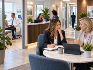Practice manager meeting one-on-one with a leadership coach in a medical office