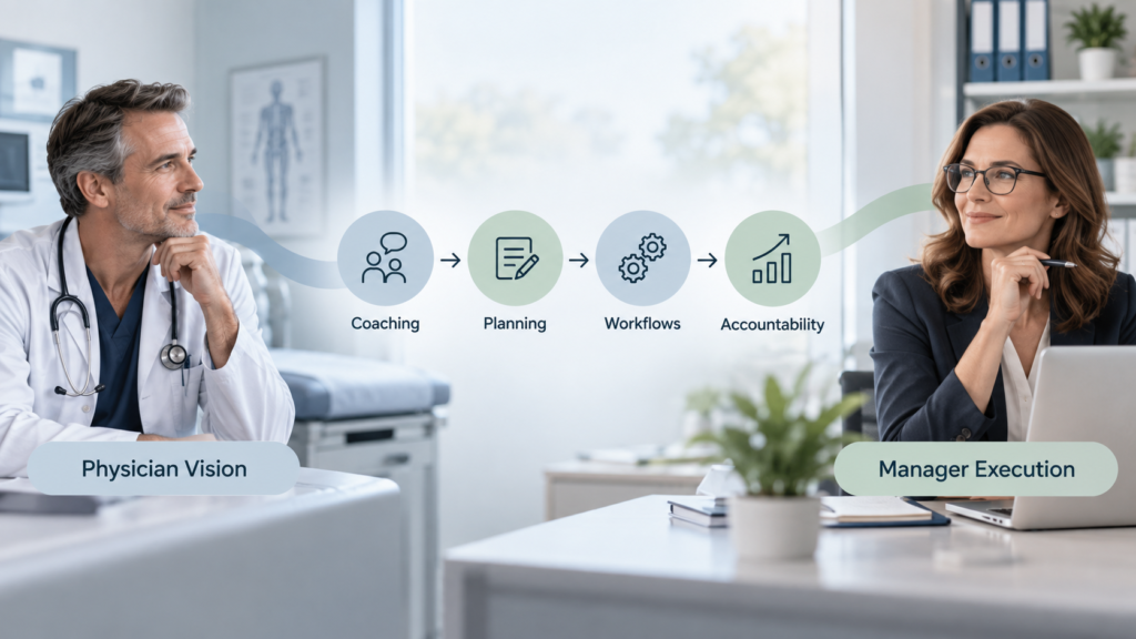 Physician and practice manager connected by a coaching, planning, workflow and accountability process
