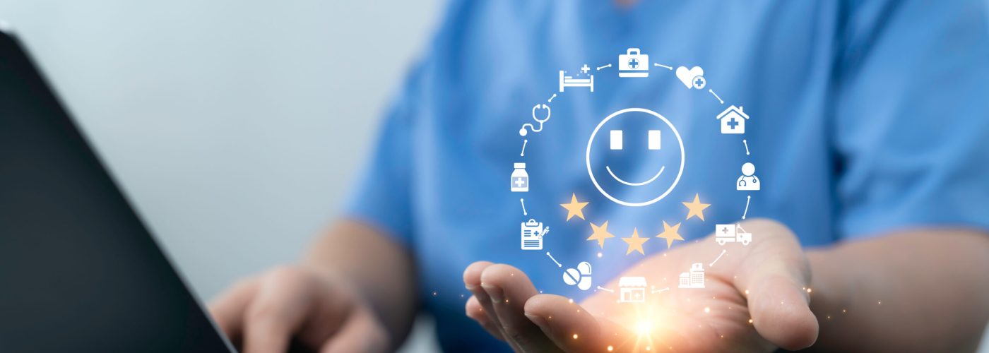 Medical professional presenting patient satisfaction icon with five-star rating, healthcare quality, digital health service, emotional care and positive medical experience